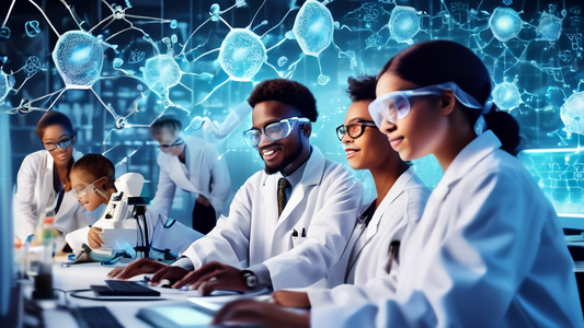 An image of a group of diverse people of all ages working together at a computer in a collaborative workspace, all wearing lab coats and safety goggles, with images of DNA strands, chemical equations,