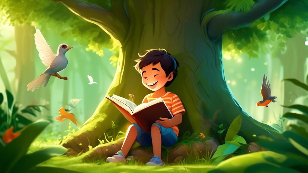A child surrounded by a lush green forest, sitting at the base of a large tree, reading a book. The child is smiling and looks engaged in the book. The forest is full of life, with birds singing and a