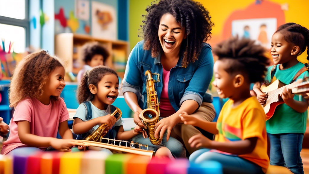 Create an image of a diverse group of young children happily playing musical instruments together in a colorful and vibrant classroom setting, with a teacher smiling and guiding them. The image should evoke a sense of joy, creativity, and the importa