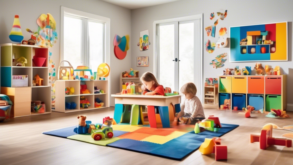 Create an image of a colorful and engaging playroom filled with various interactive toys specifically designed to boost cognitive skills in children. Include items such as shape sorters, puzzles, building blocks, and educational games that promote pr