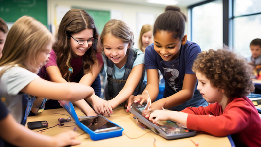 A classroom of students engaged in hands-on, play-based learning activities enhanced by the use of technology. The technology is used as a tool to support the learning process, not as a replacement fo