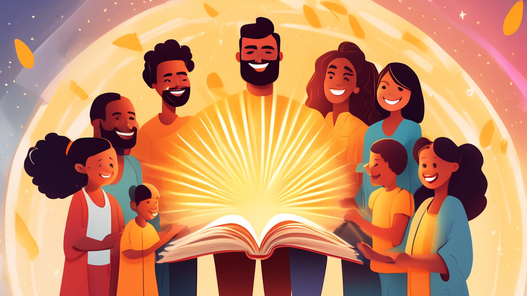 A group of diverse parents standing in a circle, holding hands and smiling, with a large book floating above them emitting golden rays of light, symbolizing empowerment and guidance in literacy.