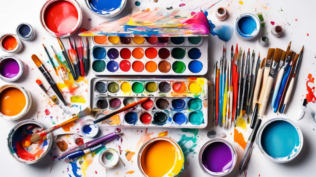 A vibrant and inspiring image of an art kit, filled with an assortment of colorful paints, markers, brushes, pencils, paper, and other creative tools, arranged on a messy table against a white backgro