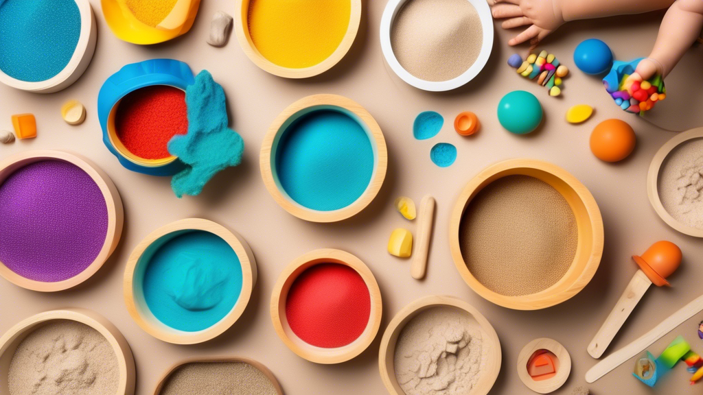 A colorful and tactile sensory play space for young children, with various materials and textures to explore, such as sand, water, play dough, and different shaped objects.