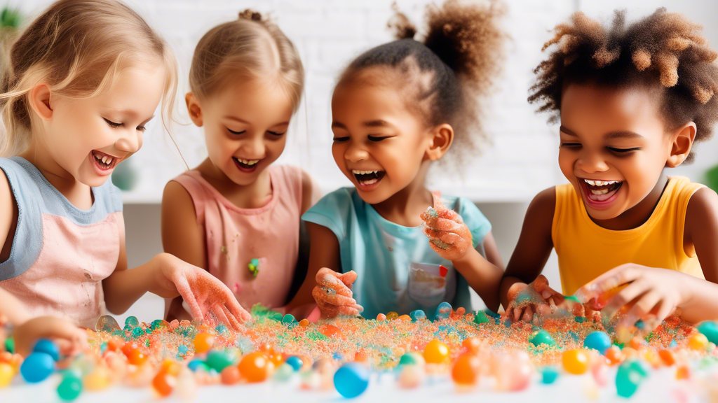 Create an image of a group of young children engaged in various sensory play activities, such as exploring water beads, playing with kinetic sand, and painting with different textures. Show the children laughing and having fun while they learn and de