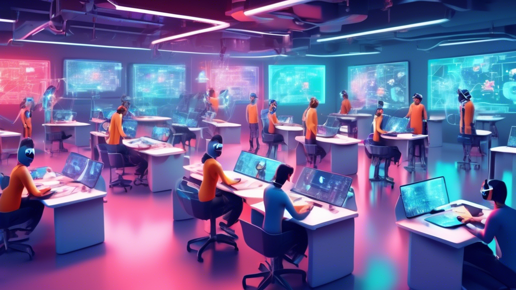 A futuristic classroom with students surrounded by AI-powered robots, advanced digital displays, and interactive virtual reality simulations.