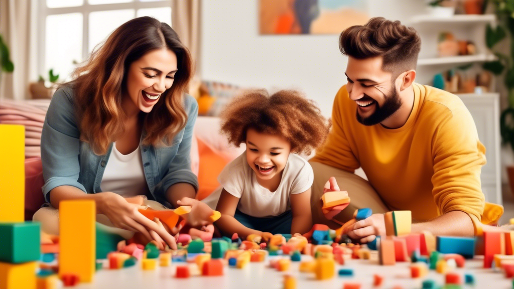 A family engaged in playful and imaginative activities in a warm and colorful home environment, fostering laughter, creativity, and social connections.