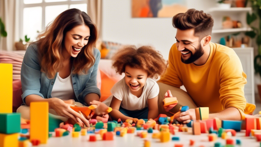 A family engaged in playful and imaginative activities in a warm and colorful home environment, fostering laughter, creativity, and social connections.
