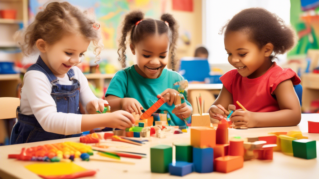 Create an image of a cheerful and colorful classroom setting featuring young children engaged in activities that develop fine motor skills, such as coloring, cutting, gluing, and building with blocks. The children are focused and excited, surrounded 