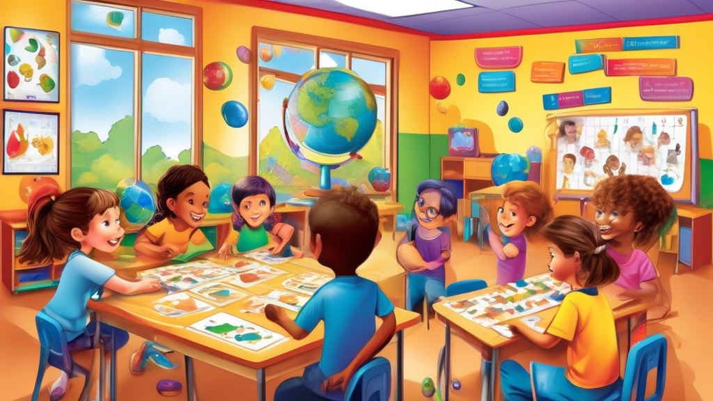 Create an image of a vibrant and engaging classroom setting with diverse children eagerly solving brain teasers. The children should be animated and immersed in the activity, showcasing excitement and concentration. Include various puzzling elements 