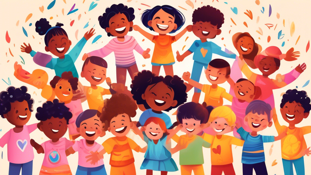 A group of diverse young children forming a circle, holding hands, and smiling, showcasing joy, empathy, and unity, surrounded by a colorful and whimsical background illustrating the concept of emotio