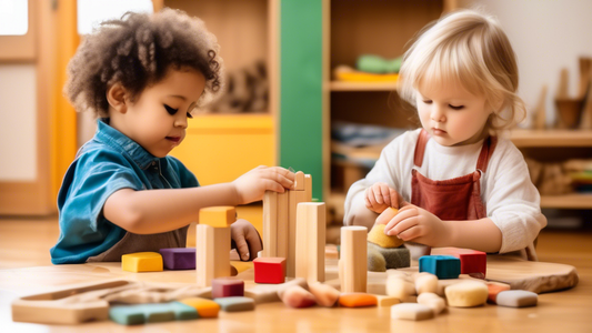Two young children, one engaged in a Montessori activity with wooden blocks and colorful materials, and the other engaged in a Waldorf activity with natural materials such as wool and beeswax. The ima