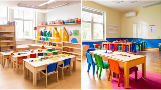 Two classrooms illustrating the differences between Montessori and Waldorf educational approaches, one side of the image with a Montessori classroom and the other with a Waldorf classroom.