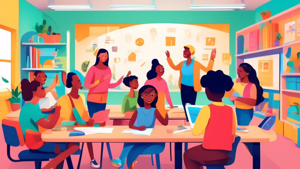 A vibrant and inclusive classroom scene where students, teachers, and parents are actively engaged in collaborative learning and supportive interactions, fostering a strong family-school partnership t