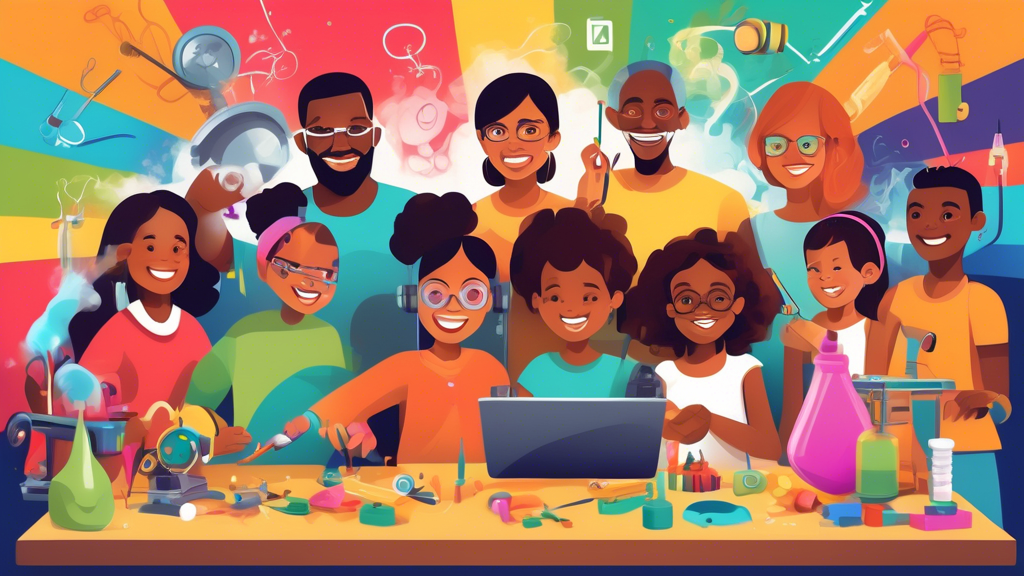 A colorful and visually engaging image portraying a group of diverse families engaging in hands-on STEAM activities, surrounded by various STEAM-related tools, materials, and gadgets, capturing the es