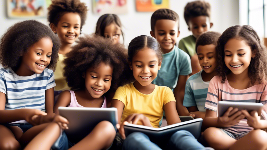 Create an image of a diverse group of children engaged in interactive reading activities on tablets and computers, displaying a variety of educational reading programs such as interactive storybooks, reading games, and online libraries. Each child is