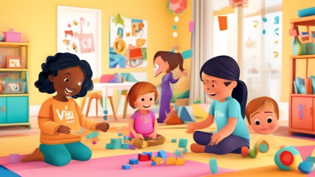 **DALL-E Prompt:**

An interactive and engaging language learning environment where educators and caregivers are collaborating with children to foster their language development through play, storytel