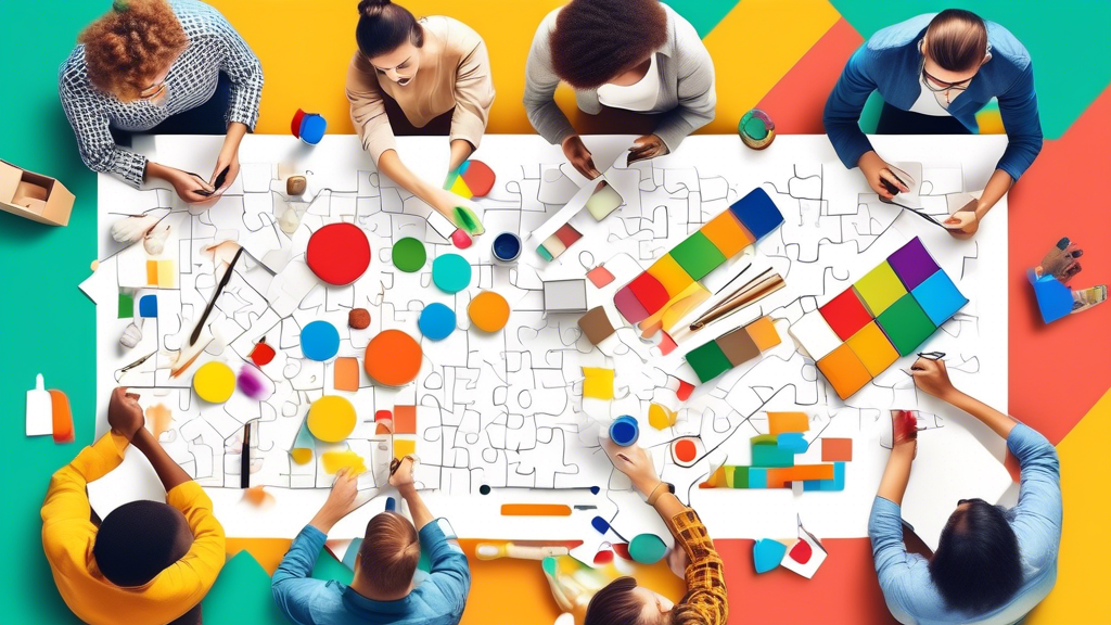 A group of people engaged in a variety of collaborative hands-on learning activities, such as building, painting, or solving puzzles. The image should convey a sense of teamwork, creativity, and excit