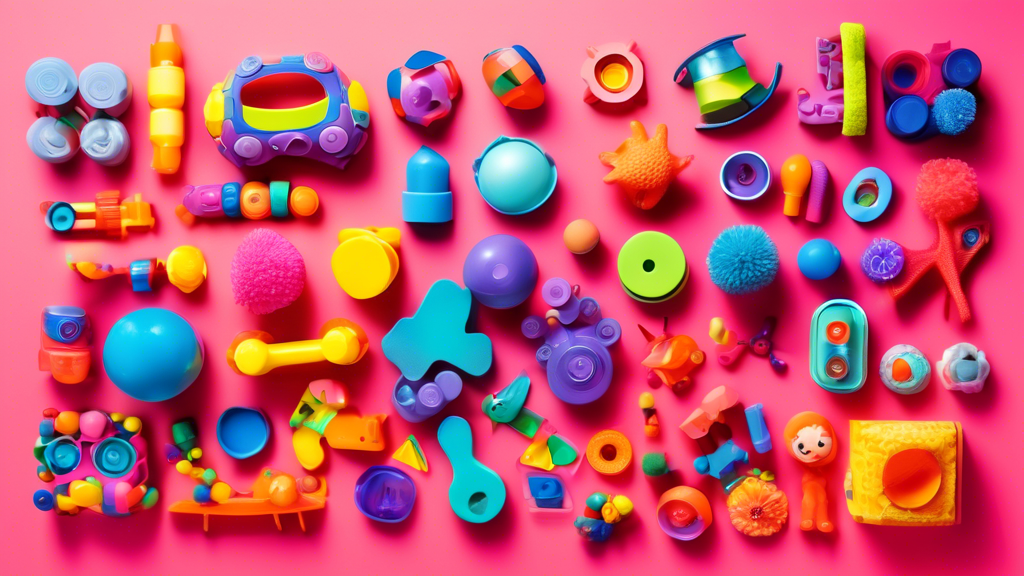 A variety of toys designed for children with special needs, such as fidget toys, sensory toys, and adaptive toys, are arranged on a colorful background. The toys are brightly colored and have differen