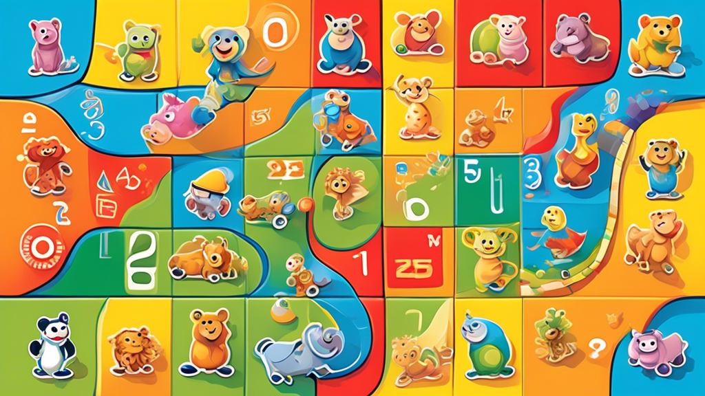 Create an image of a colorful and engaging board game designed for preschoolers, with various educational elements such as numbers, letters, shapes, and animals incorporated into the game board and pieces. The game should feature smiling cartoon char