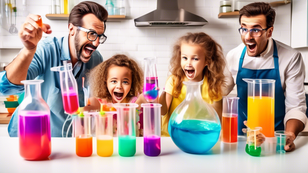 An excited family of four conducting a colorful science experiment in a vibrant and well-lit kitchen, surrounded by beakers, test tubes, and other scientific equipment