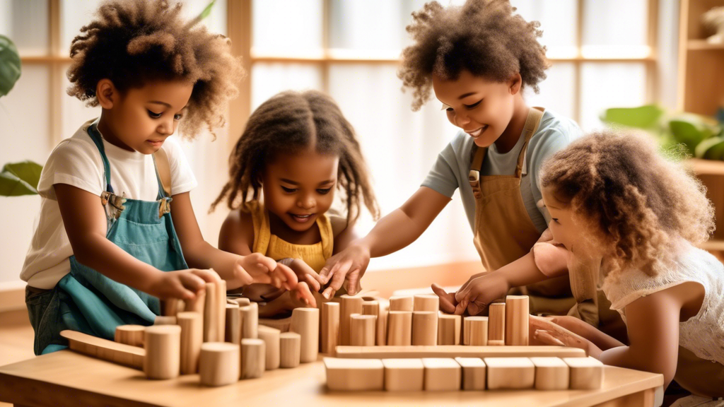 A diverse group of young children playing and learning together in a Montessori or Waldorf classroom, surrounded by natural materials and a supportive, nurturing environment that fosters social skills