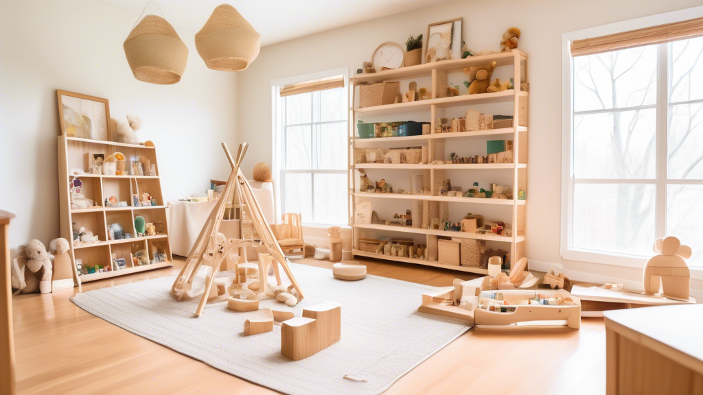 A cozy, Montessori-inspired indoor playroom for toddlers, filled with natural materials and hands-on activities. The room is bright and airy, with large windows and soft, neutral colors. There is a va