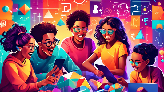 A group of diverse students solving a complex STEM puzzle together, their faces lit up with excitement and determination, surrounded by colorful geometric shapes, technological devices, and equations