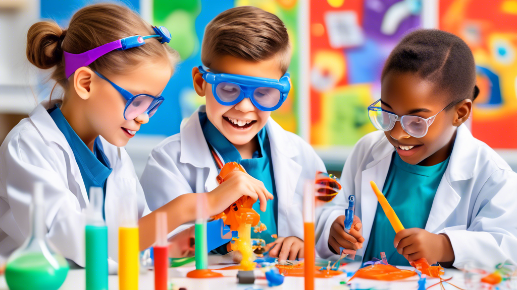 A vibrant photo of three young children wearing lab coats and safety goggles, happily working together on different STEM projects. One child is building a model rocket, another is creating a slime con