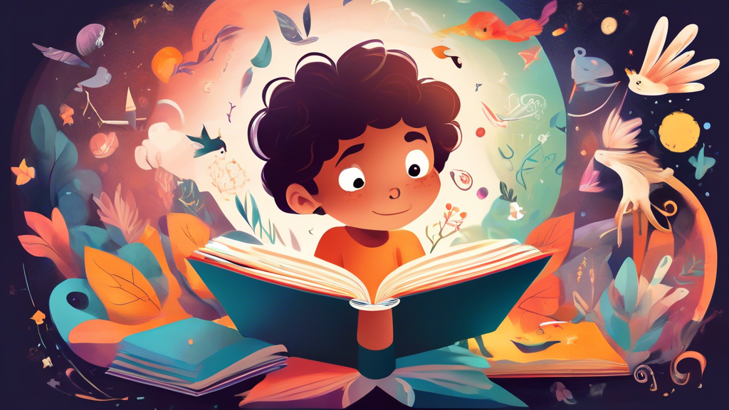Create an image of a child engrossed in a book, surrounded by whimsical illustrations that seem to come to life, showcasing the magical world of storytelling and its influence on a child's development.