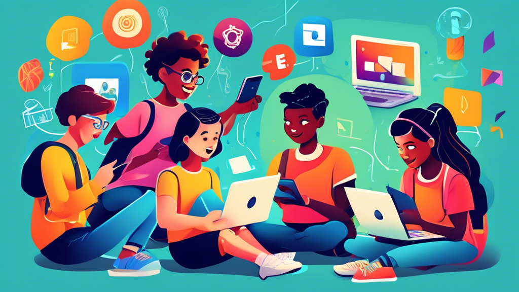 An engaging and colorful illustration of a group of young students using various devices in a playful and interactive learning environment, showcasing the top e-learning platforms for young learners. 