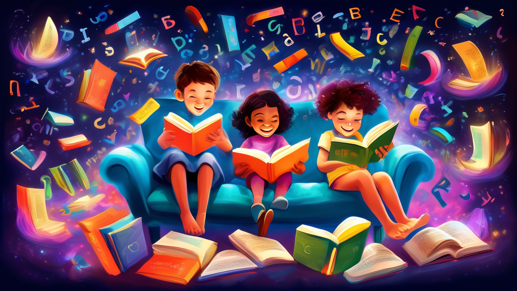 A vibrant and playful digital painting of children gleefully reading books in a fantastical world filled with floating letters, glowing pages, and imaginative creatures, showcasing the joys of reading