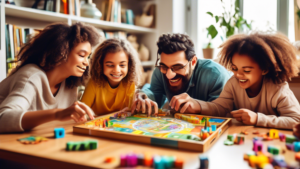 A family gathered around a table playing a colorful and engaging board game, surrounded by books and educational materials, showcasing the fun and interactive nature of learning through board games at