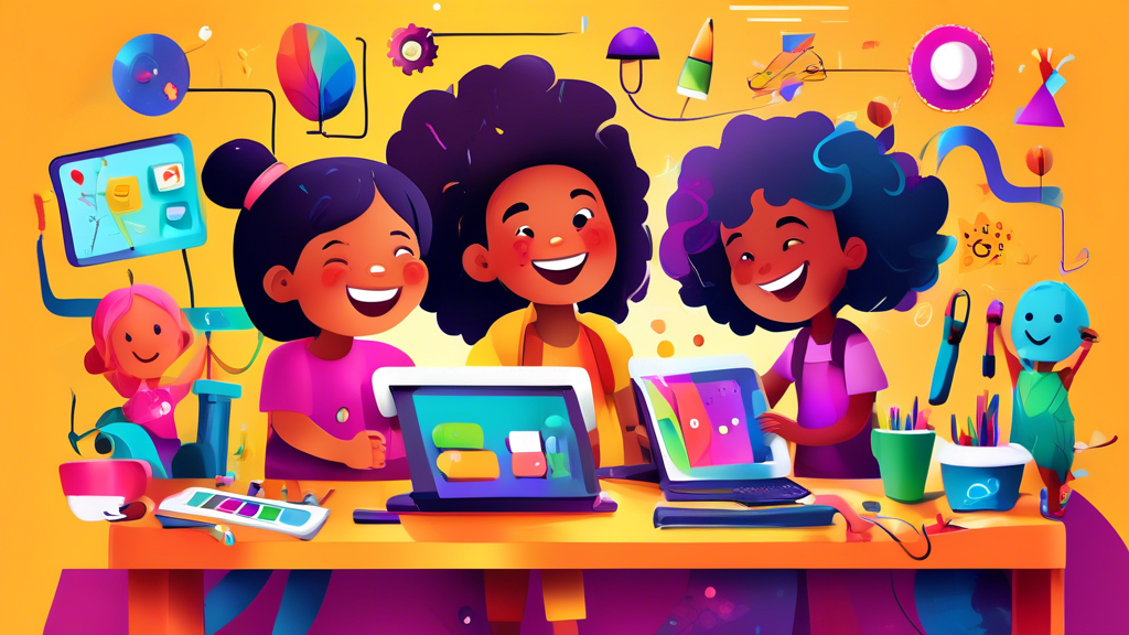 A vibrant and playful illustration depicting a diverse group of children engaging in various creative activities on a digital interface. The interface is user-friendly and accessible, designed to enco