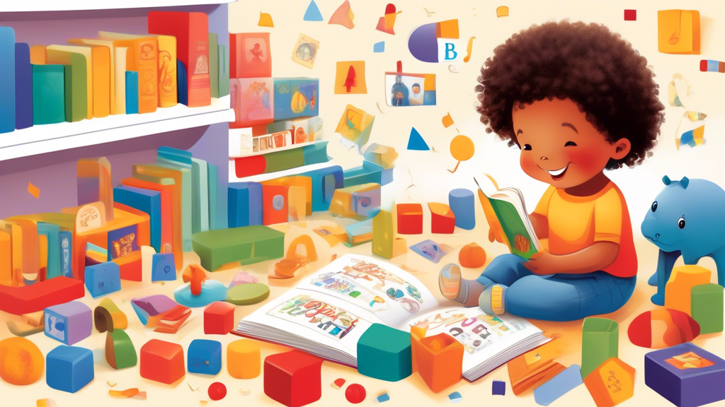 Create an image of a toddler surrounded by colorful picture books, alphabet blocks, and toys that promote language development. The child is engaged in interactive play with an adult using flashcards with different words on them, showcasing a nurturi