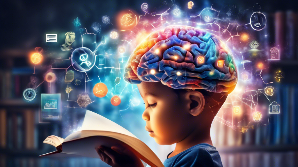 An ethereal image of a child's brain expanding and glowing with knowledge, surrounded by books and symbols of learning, representing the unlocking of cognitive potential.