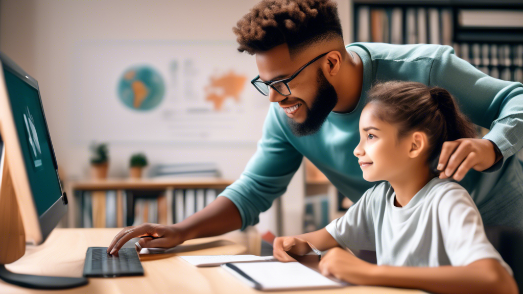 Create an image of a virtual tutor working with a student in an online classroom setting. The tutor is guiding the student through a lesson on a computer screen, and the student is engaged and focused