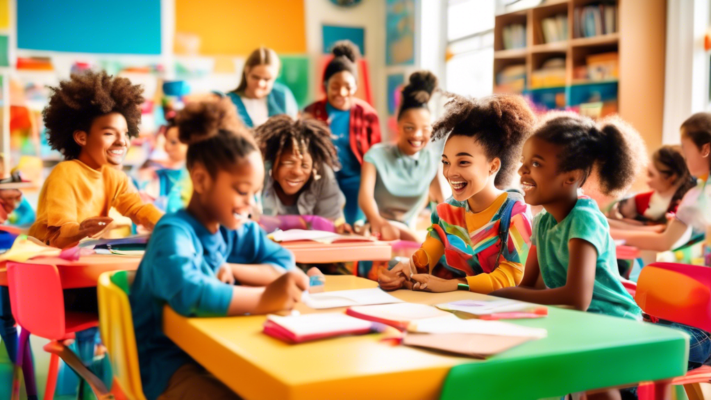 A bright and colorful classroom filled with diverse students playing and learning together, creating a sense of belonging and inclusion for all.