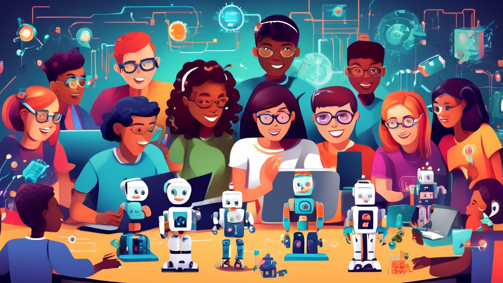 A group of diverse students eagerly participating in an interactive STEM program, with robots, computers, and hands-on experiments filling the frame, symbolizing the unlocking of their minds and the e