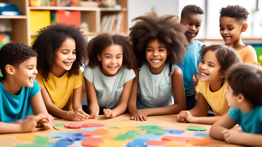 A cheerful classroom setting with children of diverse backgrounds engaged in various SEL activities, such as mindfulness exercises, empathy building games, and collaborative problem-solving tasks. The
