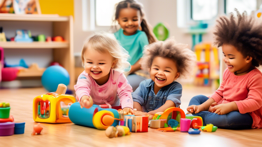 A colorful and engaging scene of toddlers interacting with a variety of educational toys and activities, smiling and laughing as they learn and explore. The toys and activities are bright, interactive