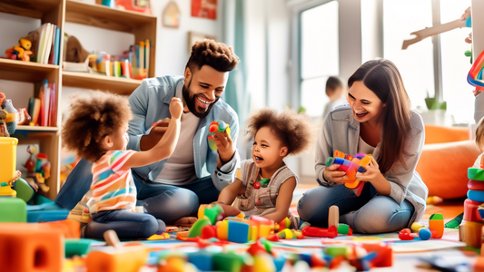 A group of parents playing with their children in a bright, colorful playroom filled with toys and learning materials. The parents are smiling and engaged with their children, and the children are lau
