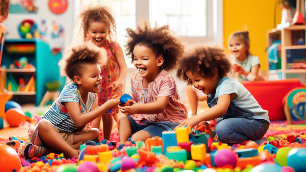 Create an image of a group of young children engaging in imaginative play together in a colorful and vibrant playroom setting. The children are laughing, sharing toys, taking turns, and cooperating with each other, demonstrating the development of im