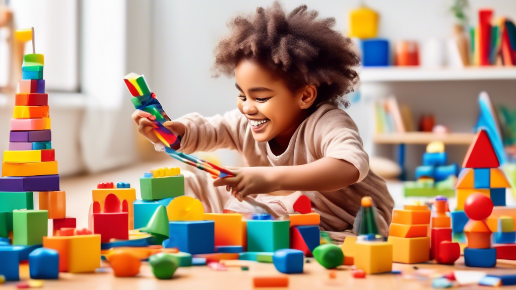 Create an image of a child engaged in various playful activities such as building blocks, painting, and reading, with colorful educational toys and books scattered around them. Show the child smiling and enjoying these activities, with colorful visua