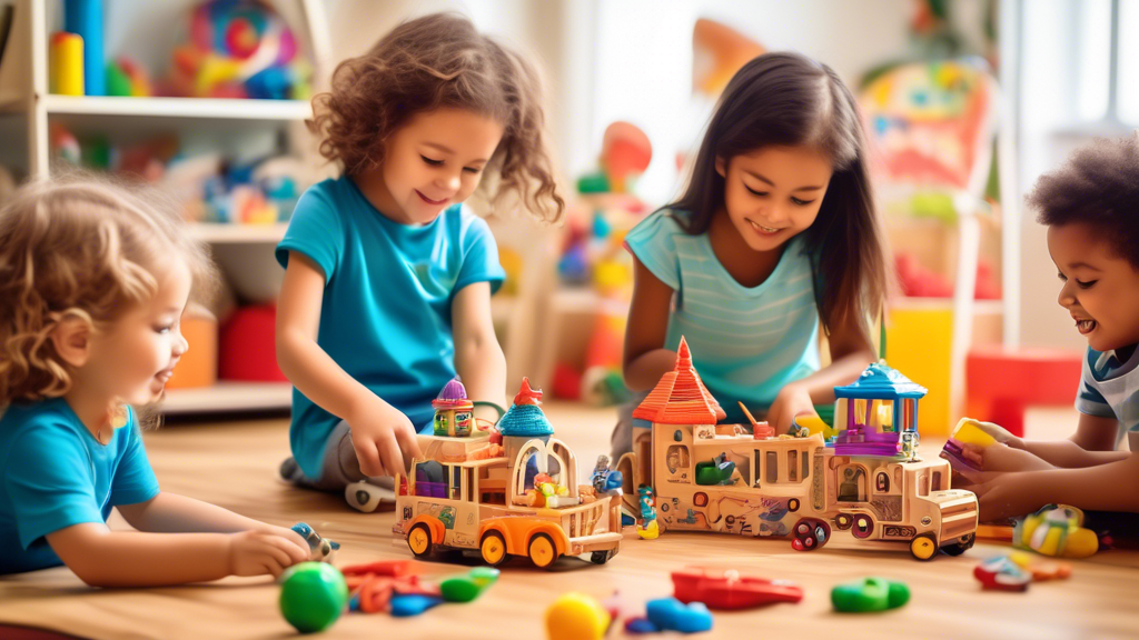 A vibrant and whimsical scene of children engaged in imaginative play with educational toys that foster intellectual curiosity, creativity, and problem-solving abilities. The toys stimulate critical t