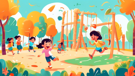 A playful scene in a park, where children are engaged in various activities such as running, jumping, playing on the swings, and building sandcastles. The atmosphere is joyous and充满活力的, with bright co