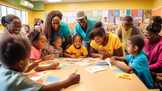 A vibrant and inclusive community center where people of all ages and backgrounds gather to participate in literacy programs, with volunteers and educators guiding them on their learning journeys. The