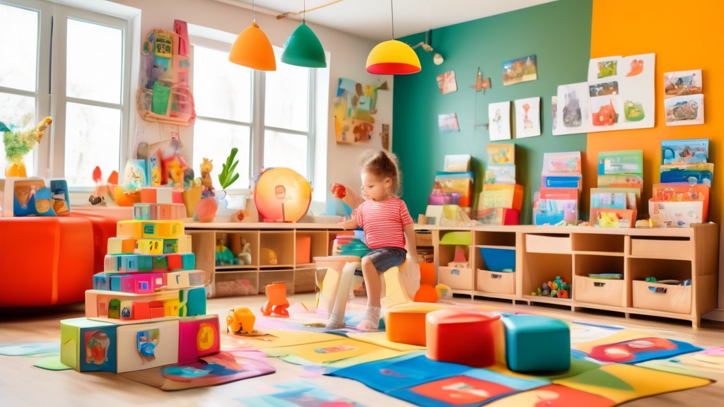 A colorful and interactive playroom filled with various language learning toys, such as flash cards, puzzles, books, and games, designed to make learning English fun and engaging for young children.