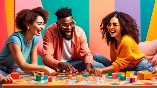 A playful group of people playing board games, solving puzzles, and engaging in other memory-stimulating activities in a colorful and inviting environment.