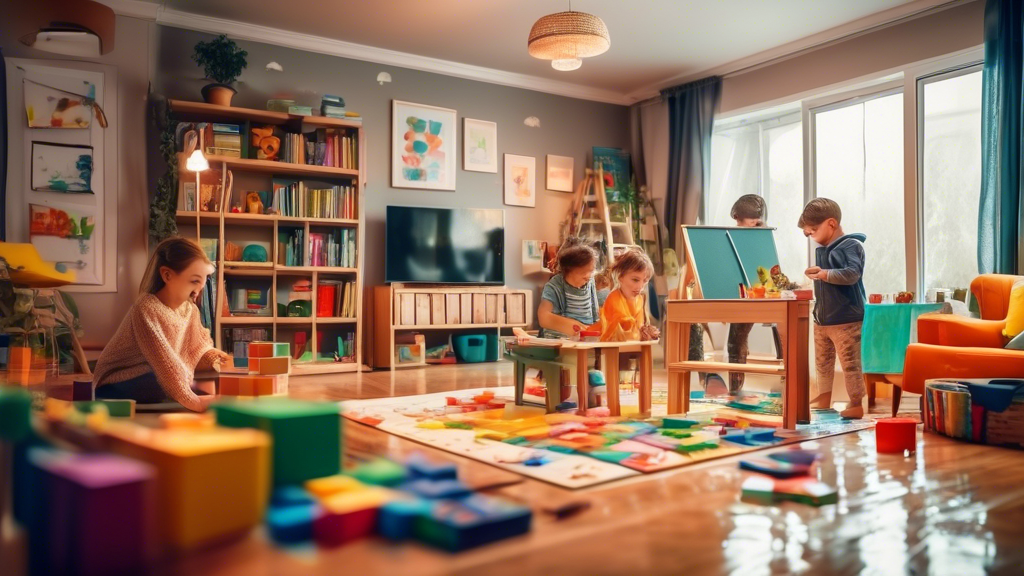 A cozy and inviting living room on a rainy day, filled with children engaged in various indoor learning activities: painting at an easel, building with blocks, reading books, and playing board games.
